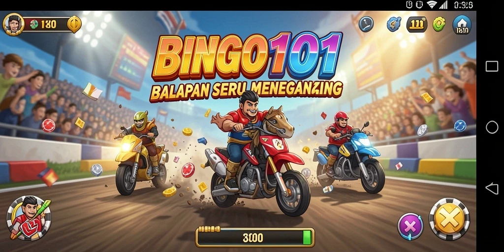 Screenshot gameplay BINGO101 menampilkan balapan seru di lintasan menantang.
