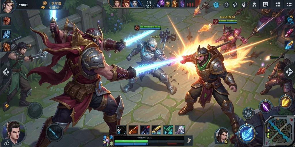 Screenshot menunjukkan aksi seru dan karakter ikonik dalam gameplay MOBA.